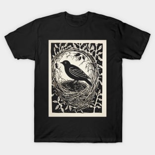 Crow Bird In Nest Nature Retro Linocut T-Shirt